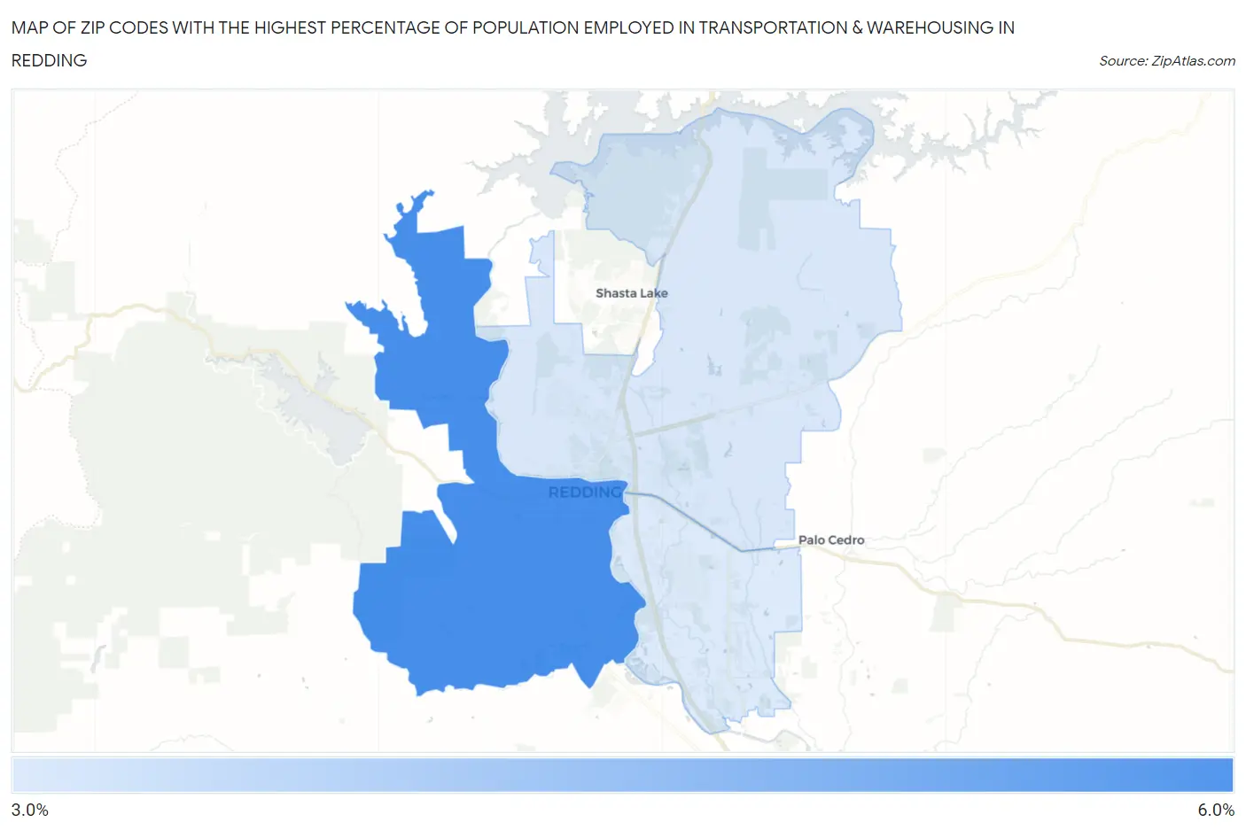 Zip Codes with the Highest Percentage of Population Employed in Transportation & Warehousing in Redding Map