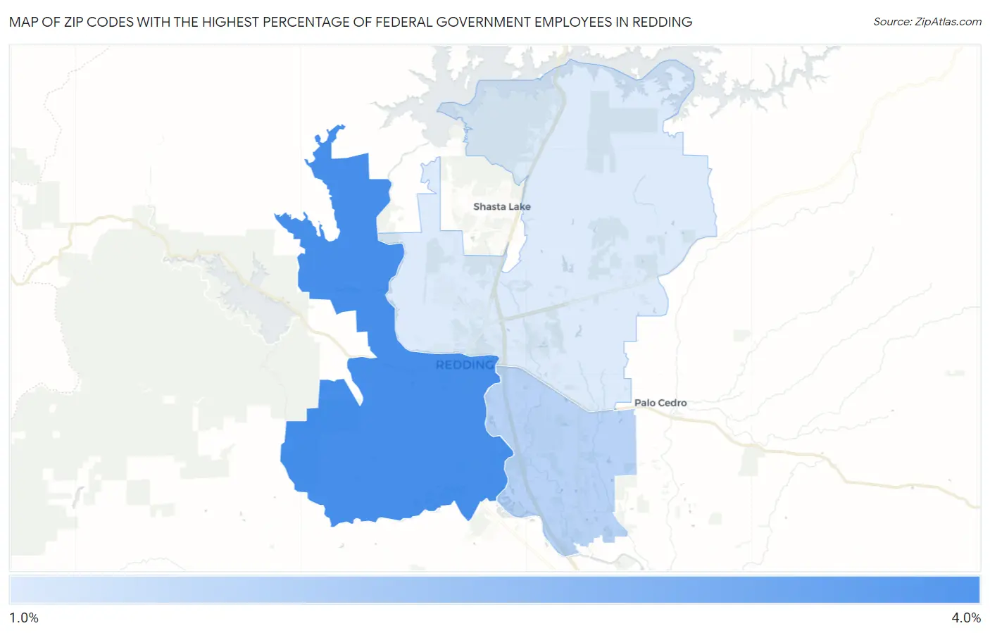 Zip Codes with the Highest Percentage of Federal Government Employees in Redding Map