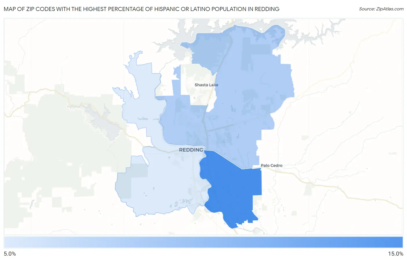 Zip Codes with the Highest Percentage of Hispanic or Latino Population in Redding Map