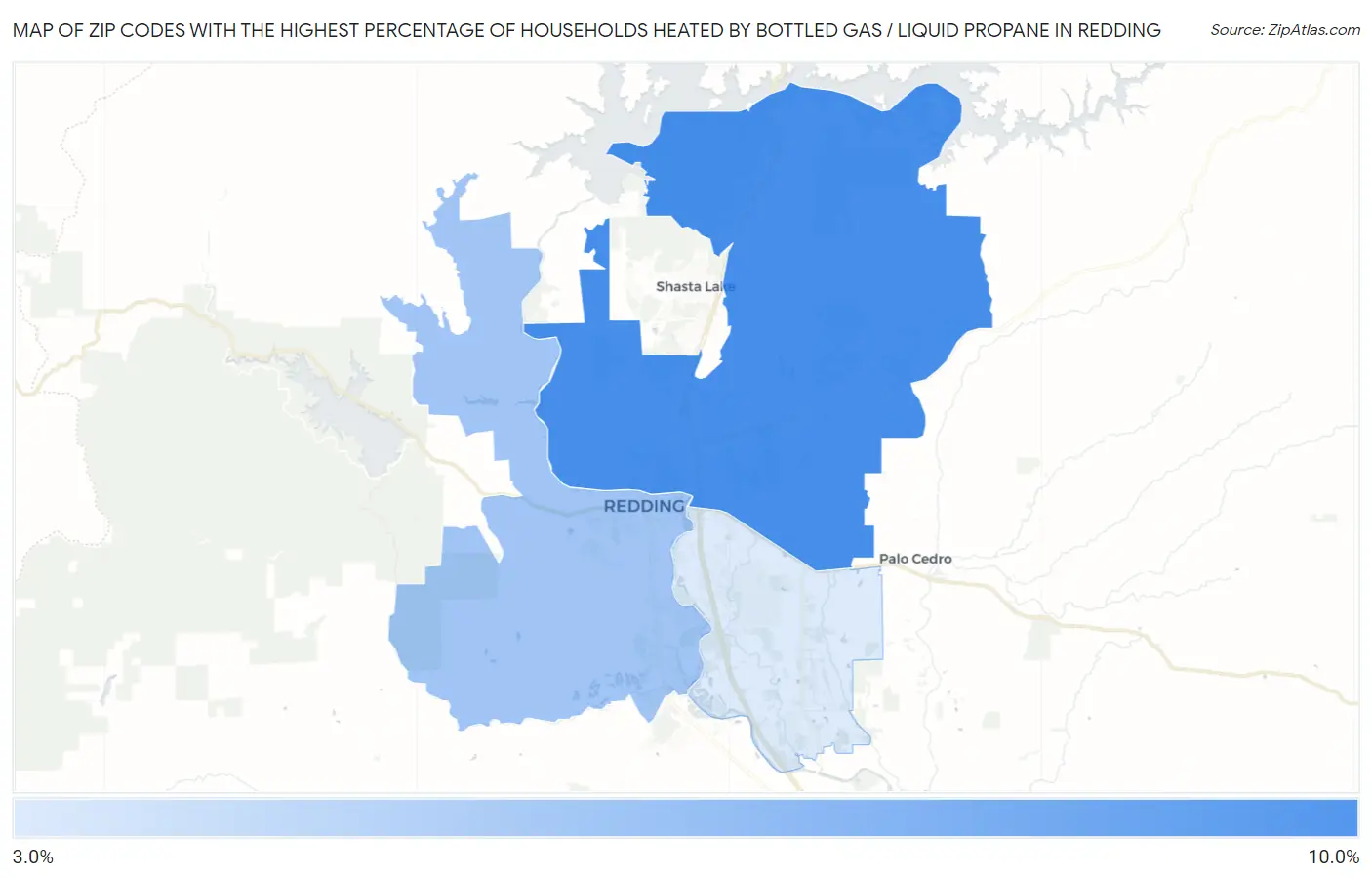 Zip Codes with the Highest Percentage of Households Heated by Bottled Gas / Liquid Propane in Redding Map