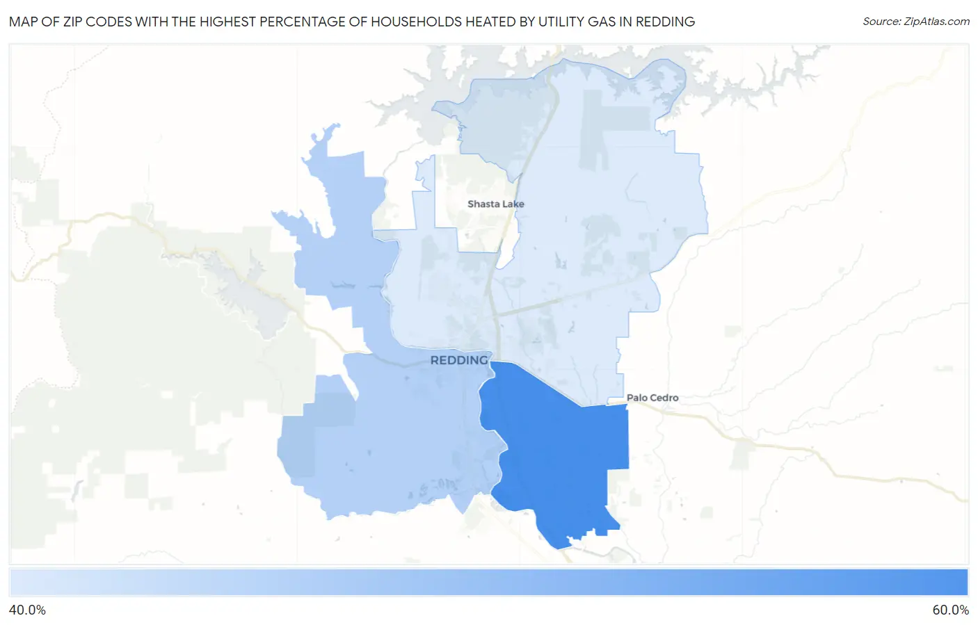 Zip Codes with the Highest Percentage of Households Heated by Utility Gas in Redding Map