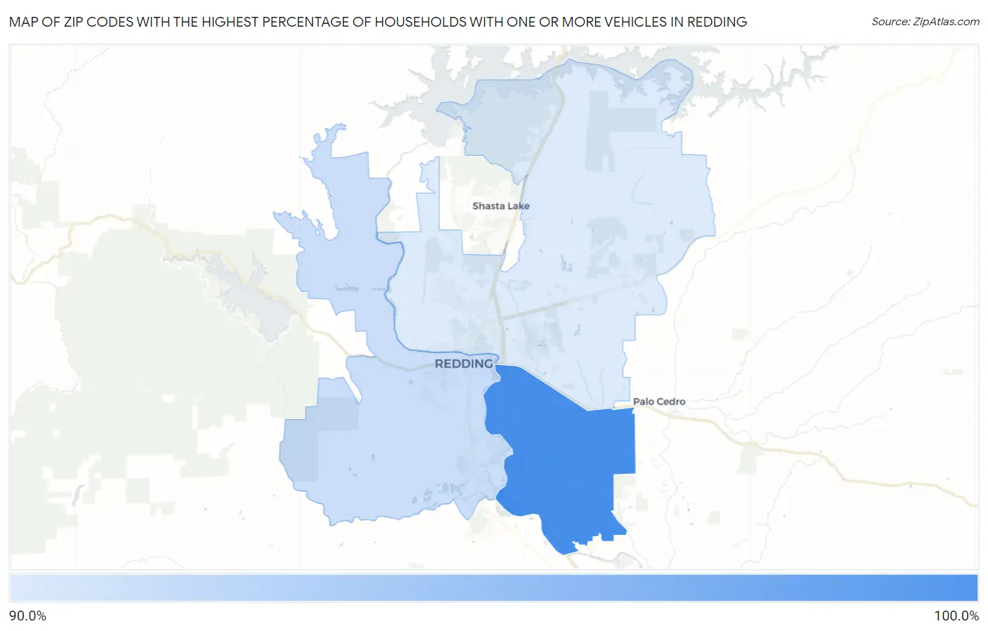 Zip Codes with the Highest Percentage of Households With One or more Vehicles in Redding Map