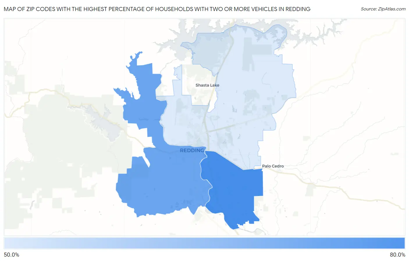 Zip Codes with the Highest Percentage of Households With Two or more Vehicles in Redding Map