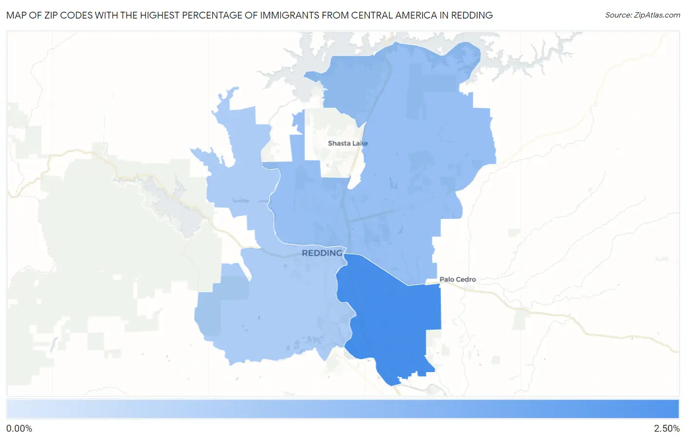 Zip Codes with the Highest Percentage of Immigrants from Central America in Redding Map