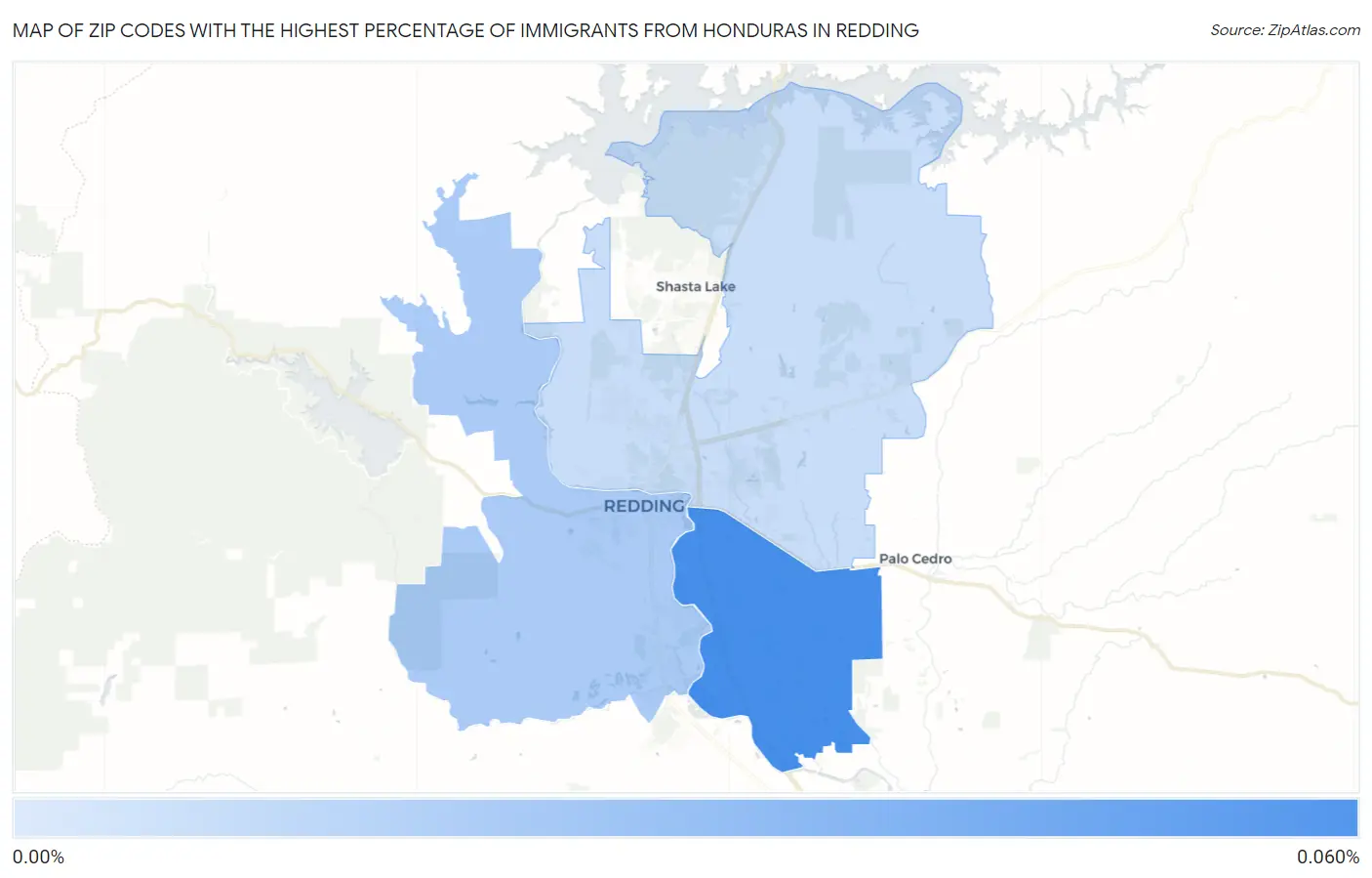 Zip Codes with the Highest Percentage of Immigrants from Honduras in Redding Map