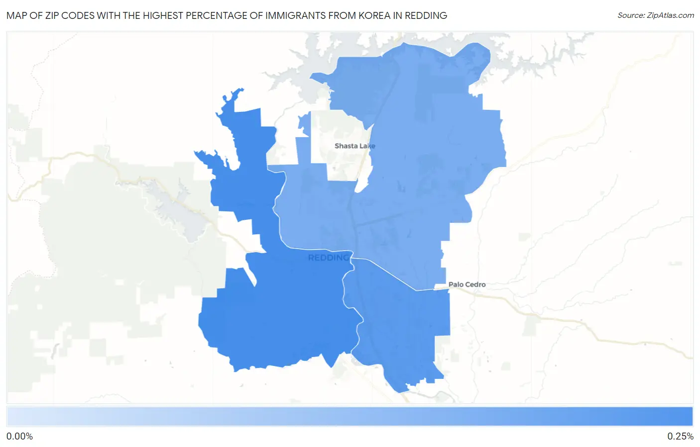 Zip Codes with the Highest Percentage of Immigrants from Korea in Redding Map