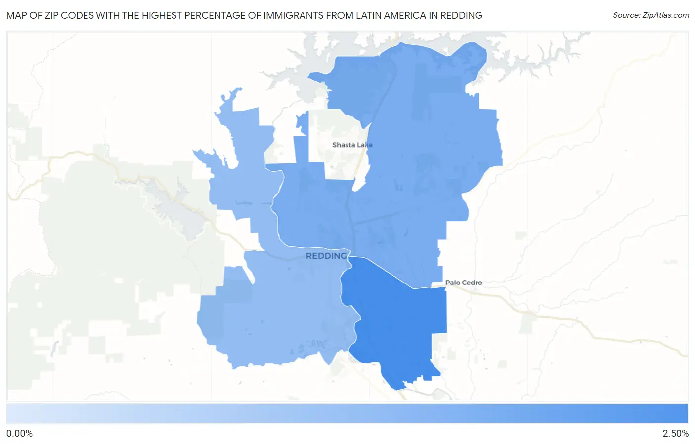 Zip Codes with the Highest Percentage of Immigrants from Latin America in Redding Map
