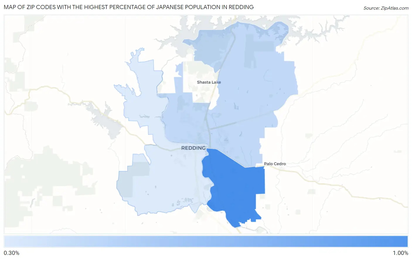 Zip Codes with the Highest Percentage of Japanese Population in Redding Map