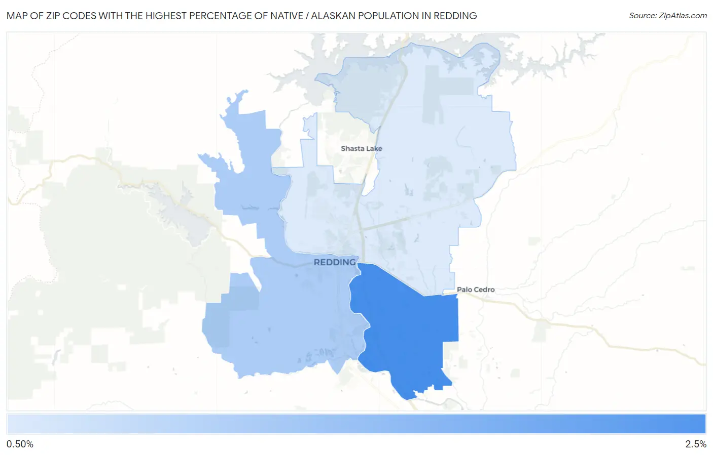 Zip Codes with the Highest Percentage of Native / Alaskan Population in Redding Map