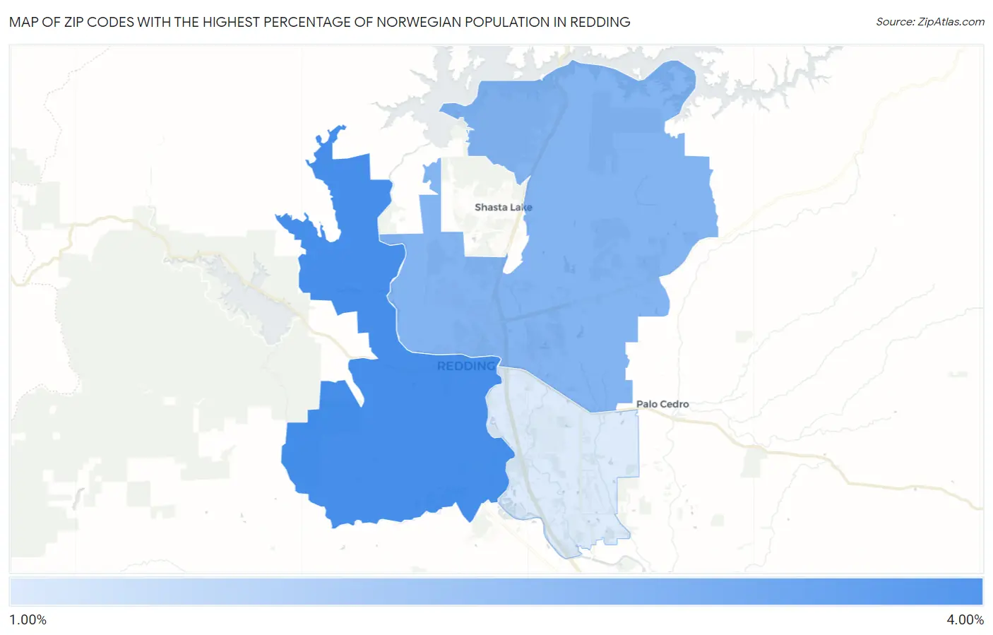Zip Codes with the Highest Percentage of Norwegian Population in Redding Map