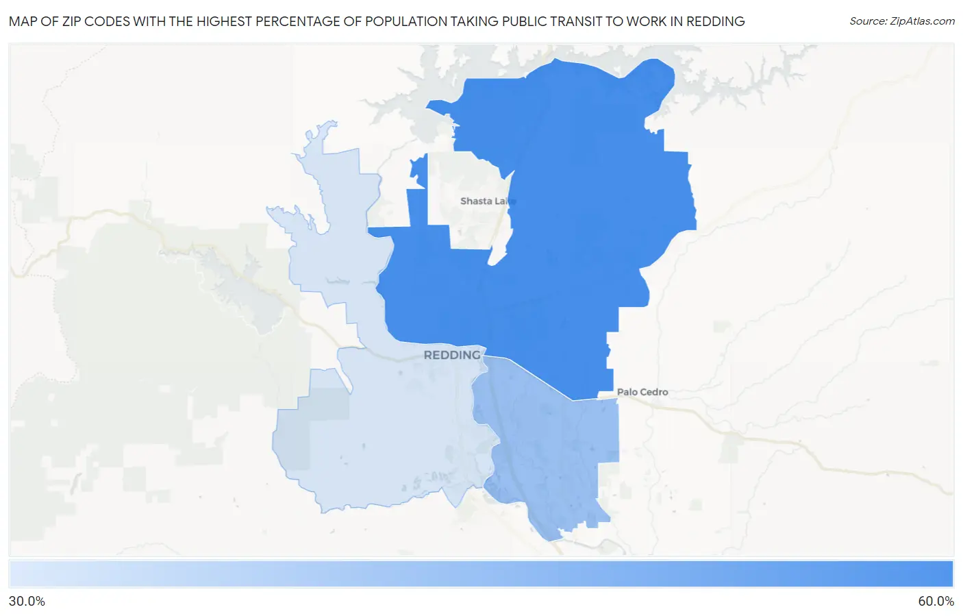 Zip Codes with the Highest Percentage of Population Taking Public Transit to Work in Redding Map