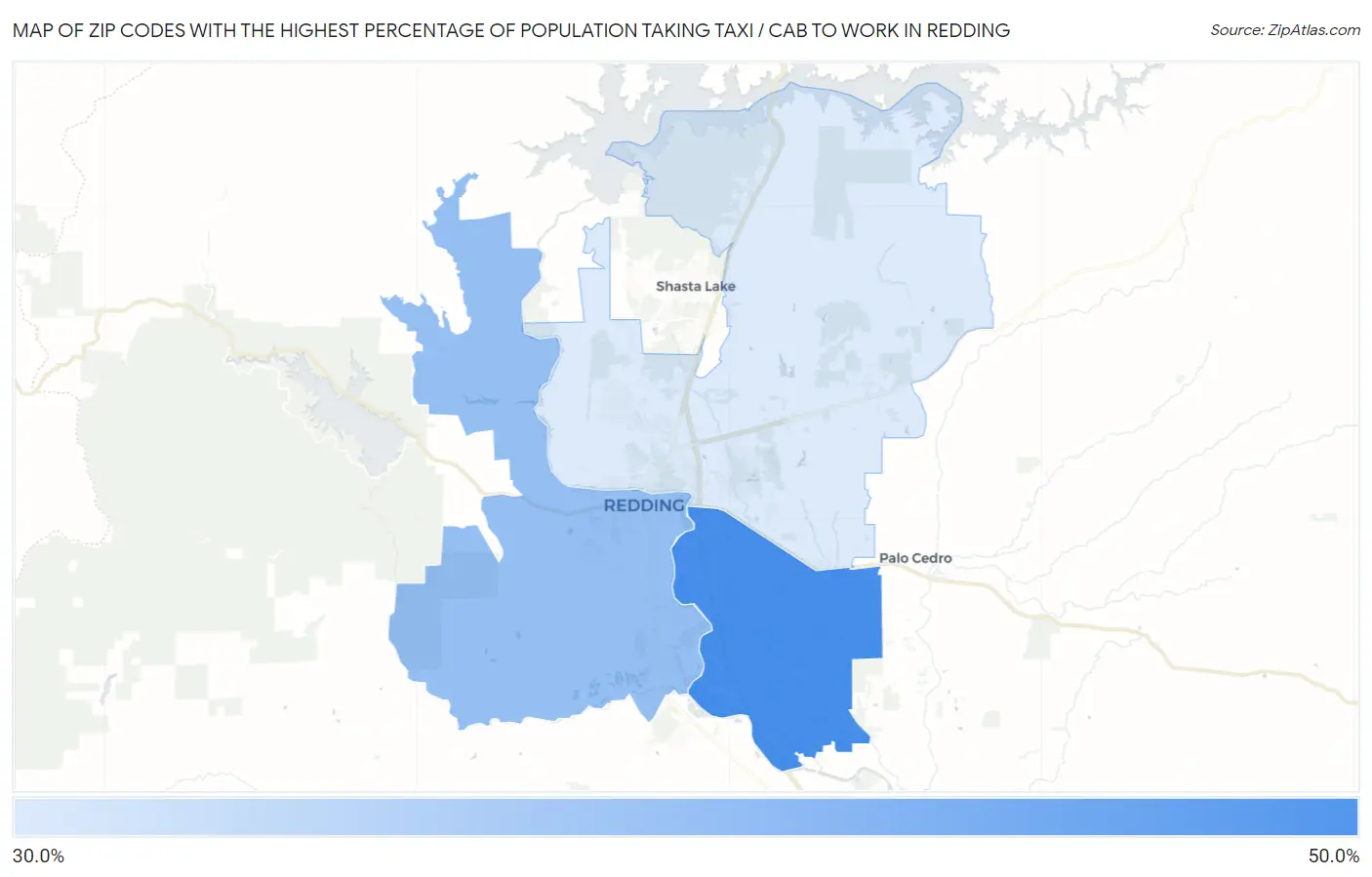 Zip Codes with the Highest Percentage of Population Taking Taxi / Cab to Work in Redding Map