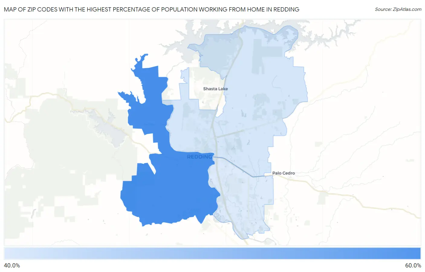 Zip Codes with the Highest Percentage of Population Working from Home in Redding Map