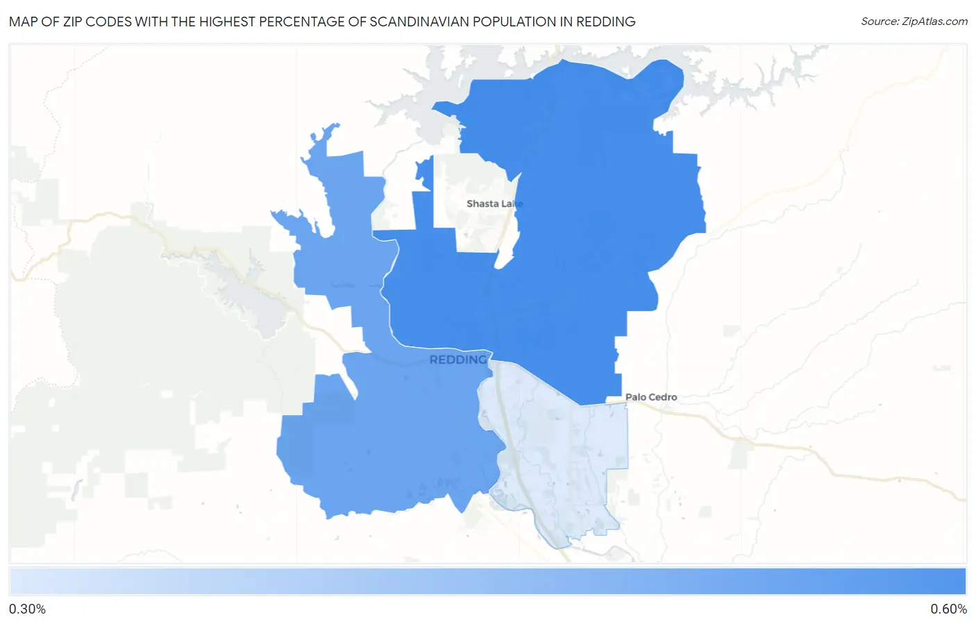 Zip Codes with the Highest Percentage of Scandinavian Population in Redding Map