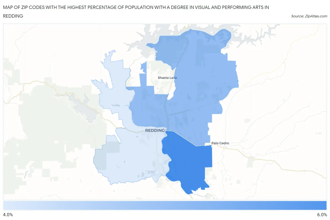 Zip Codes with the Highest Percentage of Population with a Degree in Visual and Performing Arts in Redding Map