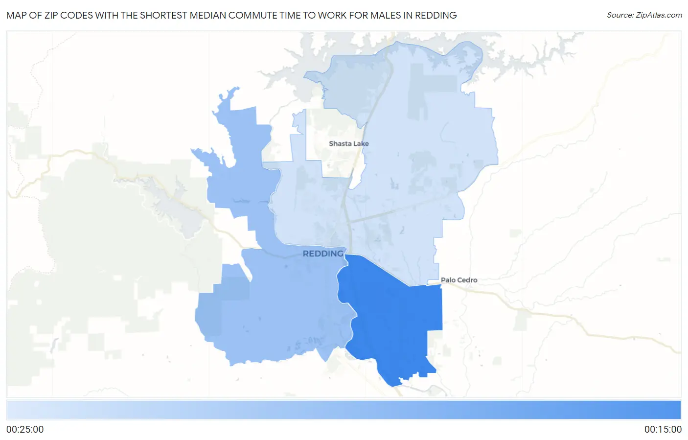 Zip Codes with the Shortest Median Commute Time to Work for Males in Redding Map
