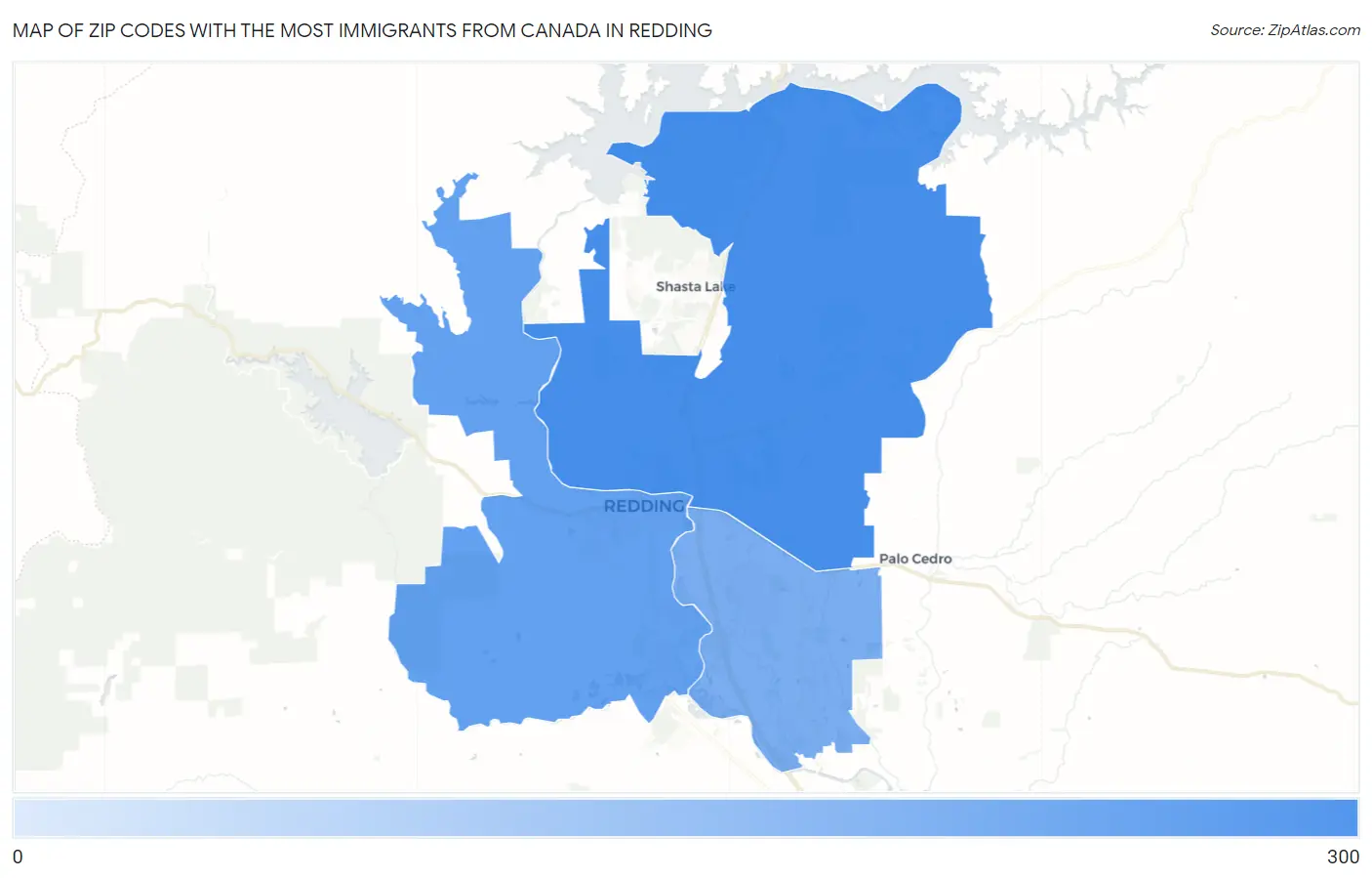 Zip Codes with the Most Immigrants from Canada in Redding Map