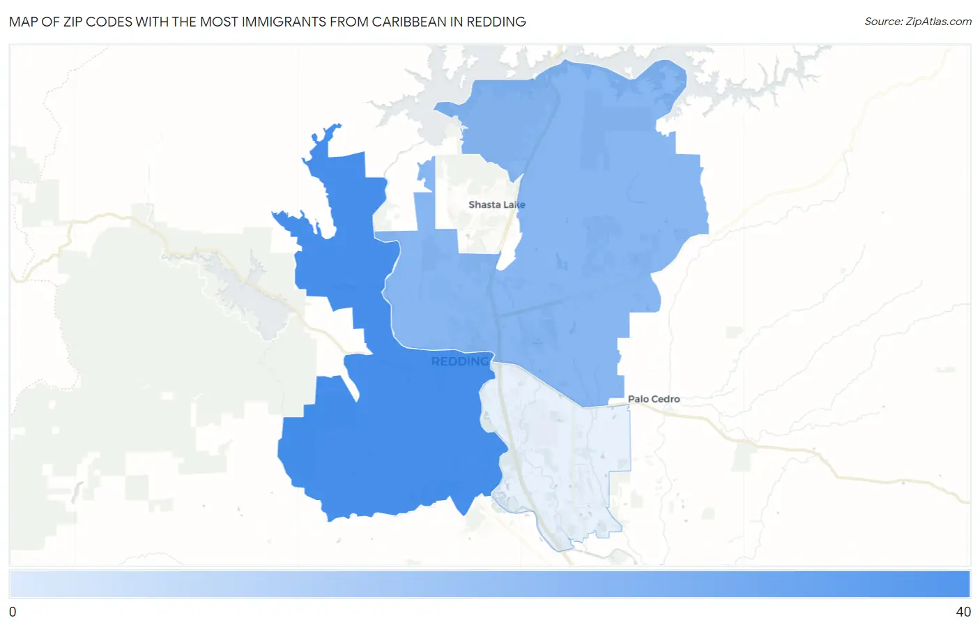 Zip Codes with the Most Immigrants from Caribbean in Redding Map
