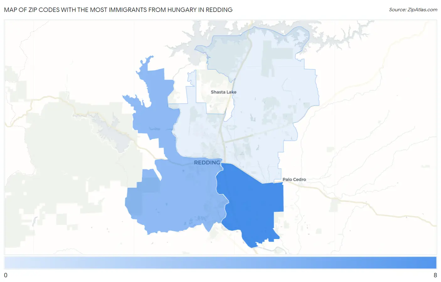 Zip Codes with the Most Immigrants from Hungary in Redding Map