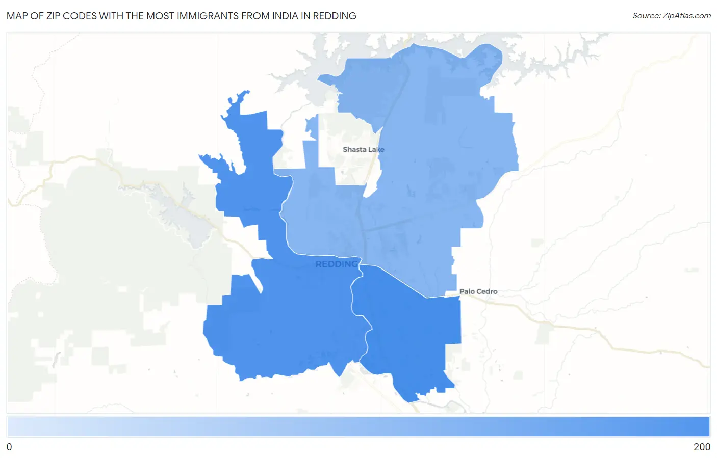 Zip Codes with the Most Immigrants from India in Redding Map