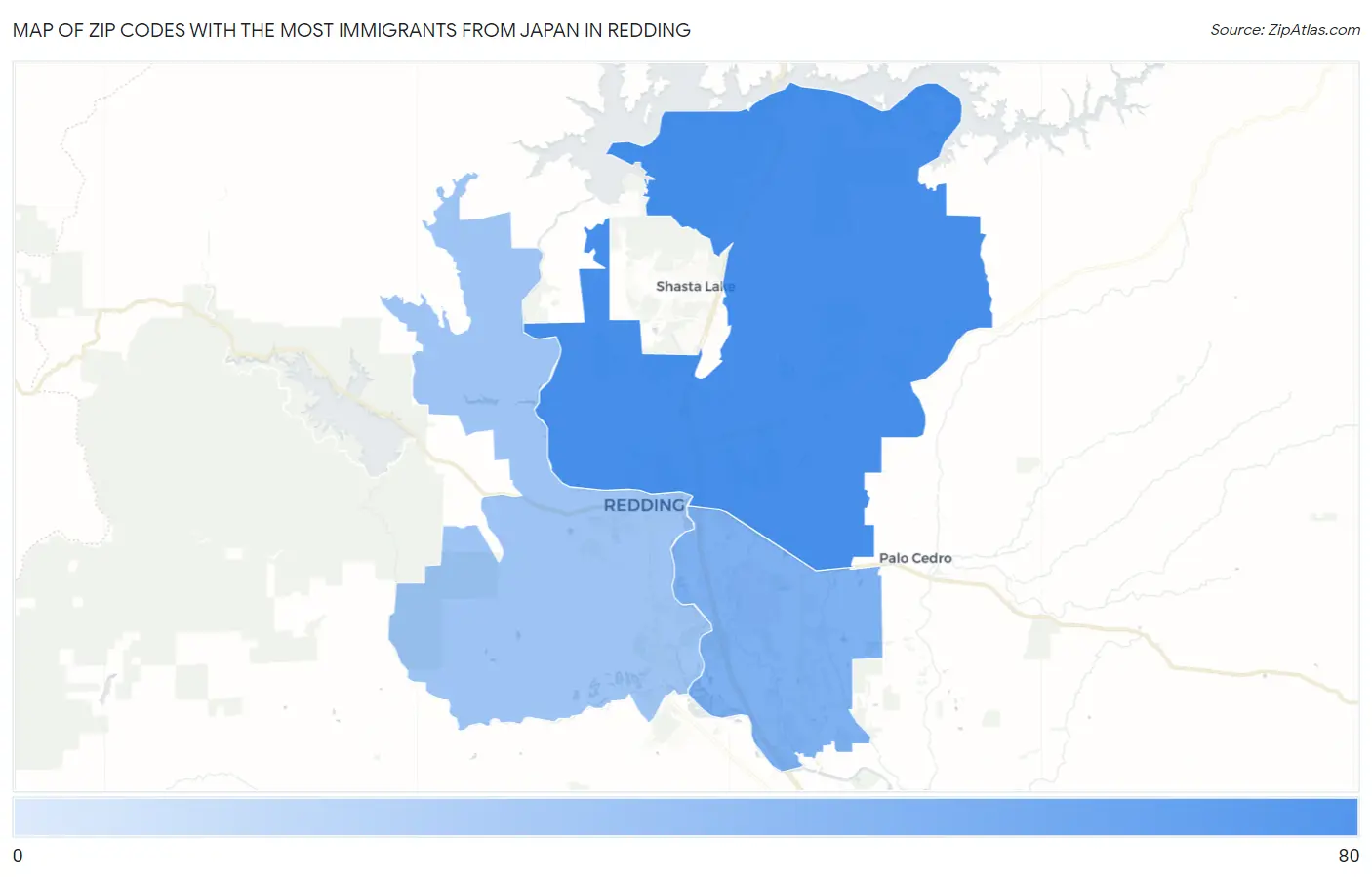 Zip Codes with the Most Immigrants from Japan in Redding Map
