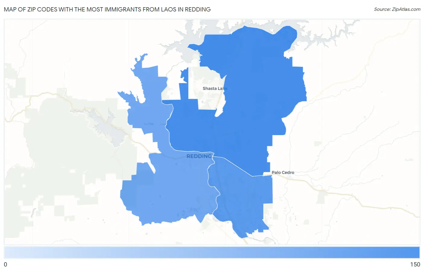 Zip Codes with the Most Immigrants from Laos in Redding Map