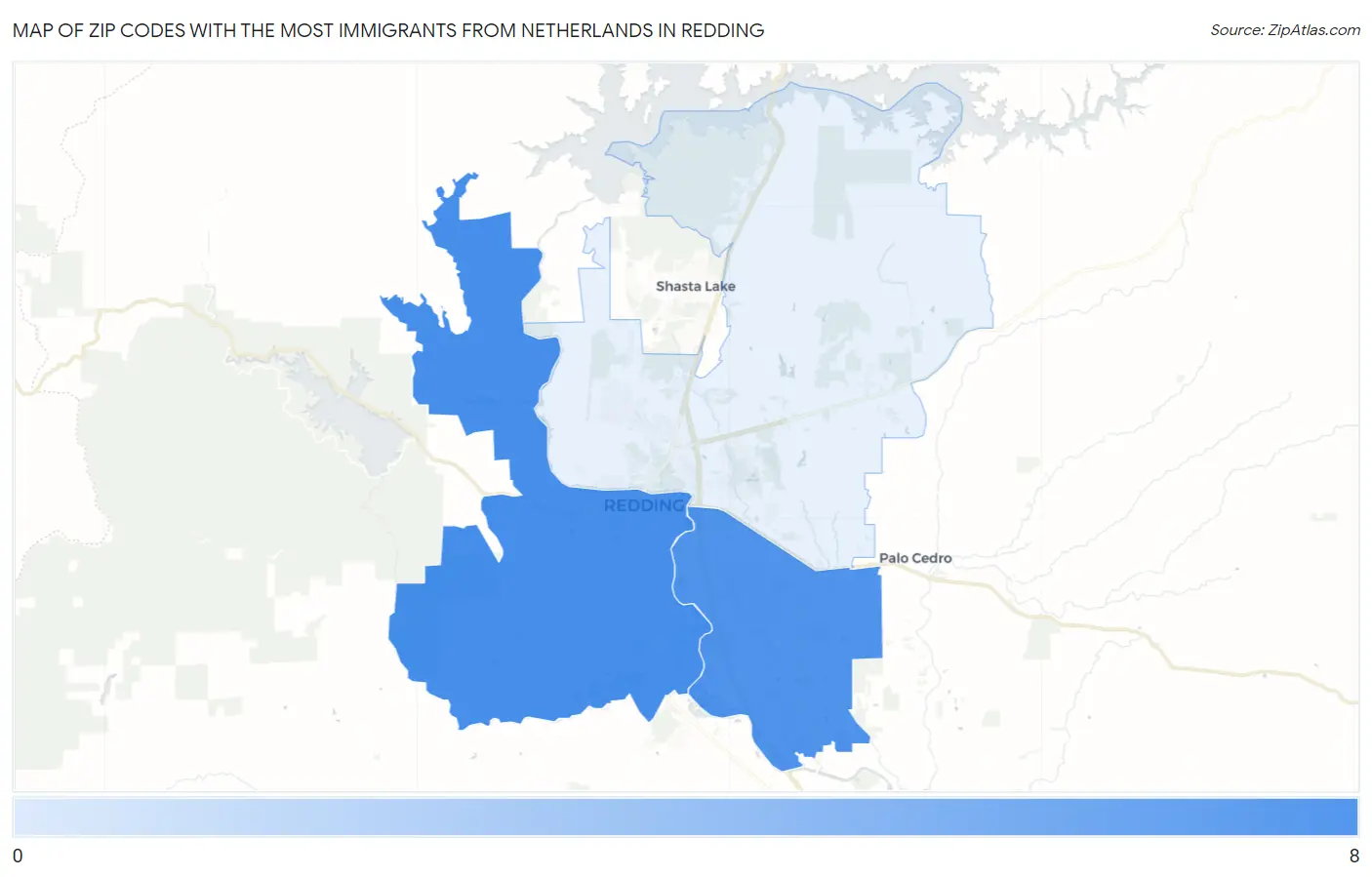 Zip Codes with the Most Immigrants from Netherlands in Redding Map