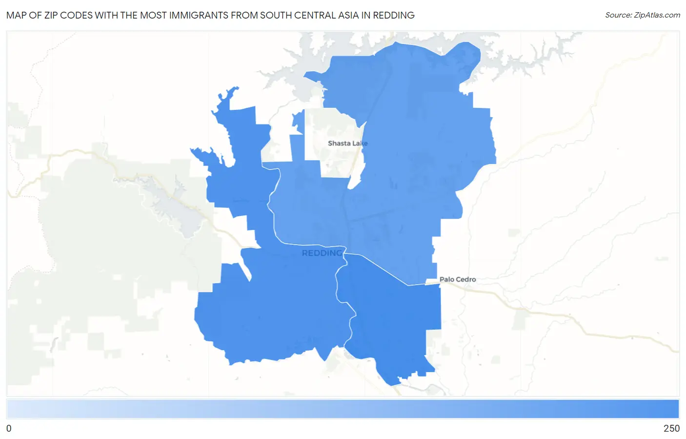 Zip Codes with the Most Immigrants from South Central Asia in Redding Map