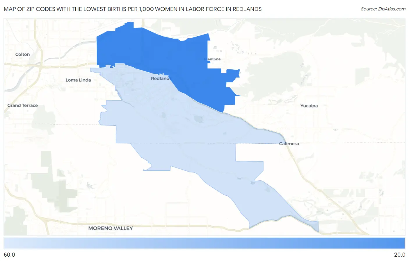 Zip Codes with the Lowest Births per 1,000 Women in Labor Force in Redlands Map