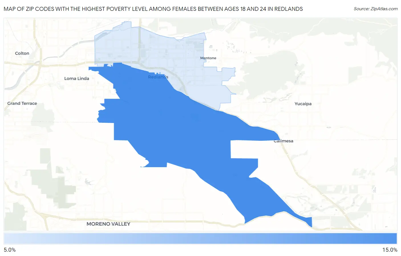 Zip Codes with the Highest Poverty Level Among Females Between Ages 18 and 24 in Redlands Map