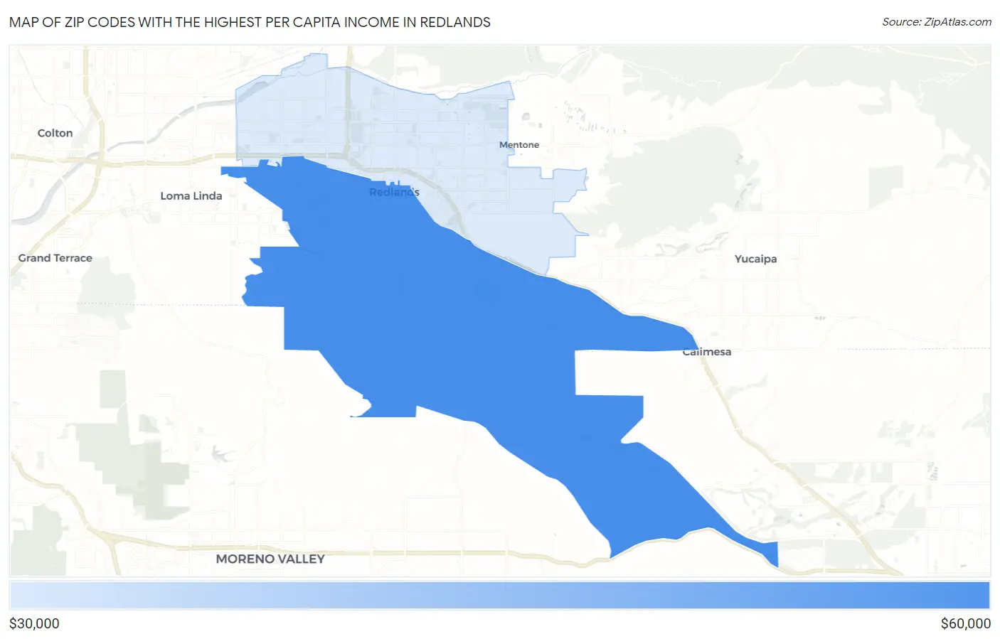 Zip Codes with the Highest Per Capita Income in Redlands Map