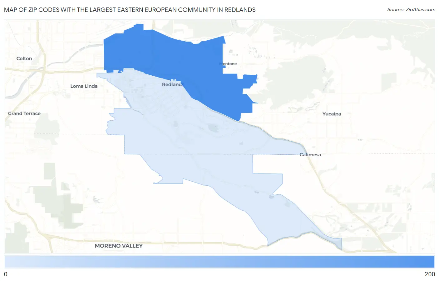 Zip Codes with the Largest Eastern European Community in Redlands Map
