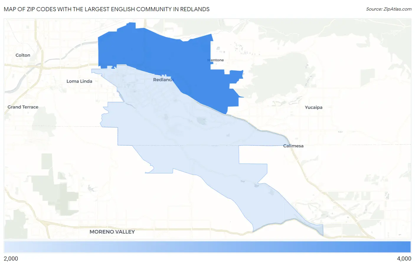 Zip Codes with the Largest English Community in Redlands Map