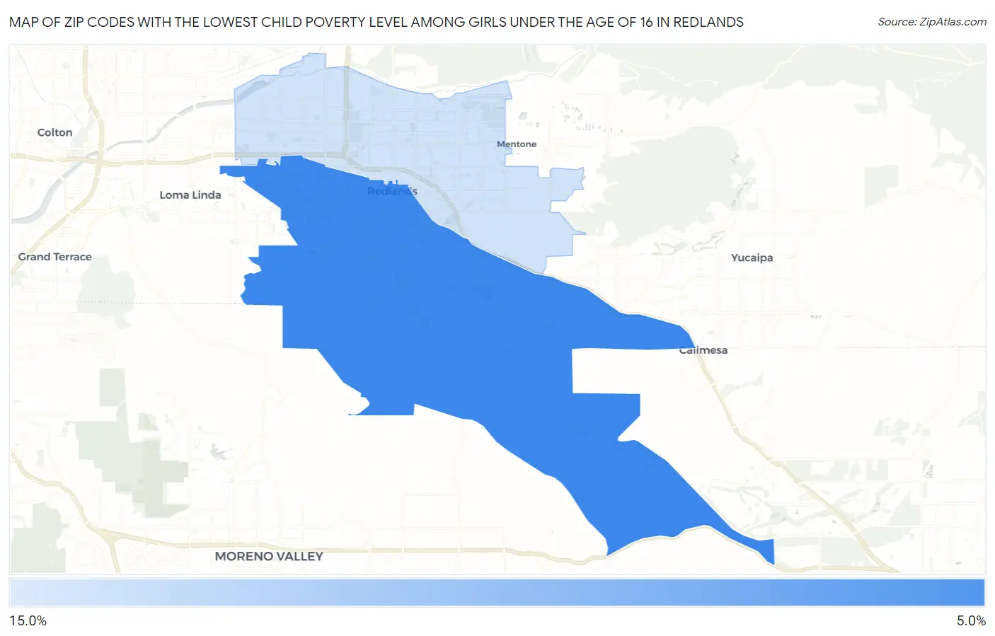Zip Codes with the Lowest Child Poverty Level Among Girls Under the Age of 16 in Redlands Map