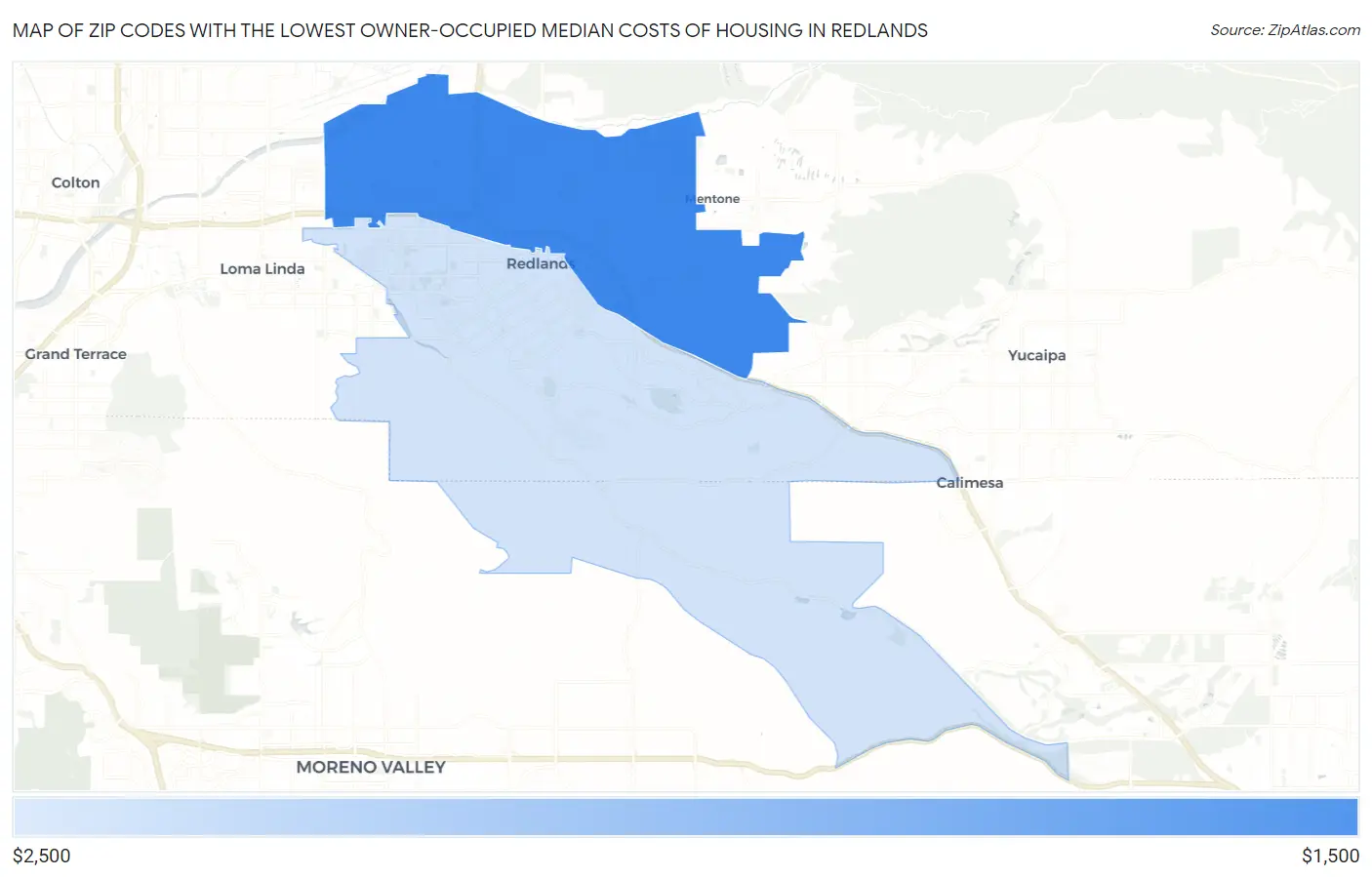 Zip Codes with the Lowest Owner-Occupied Median Costs of Housing in Redlands Map