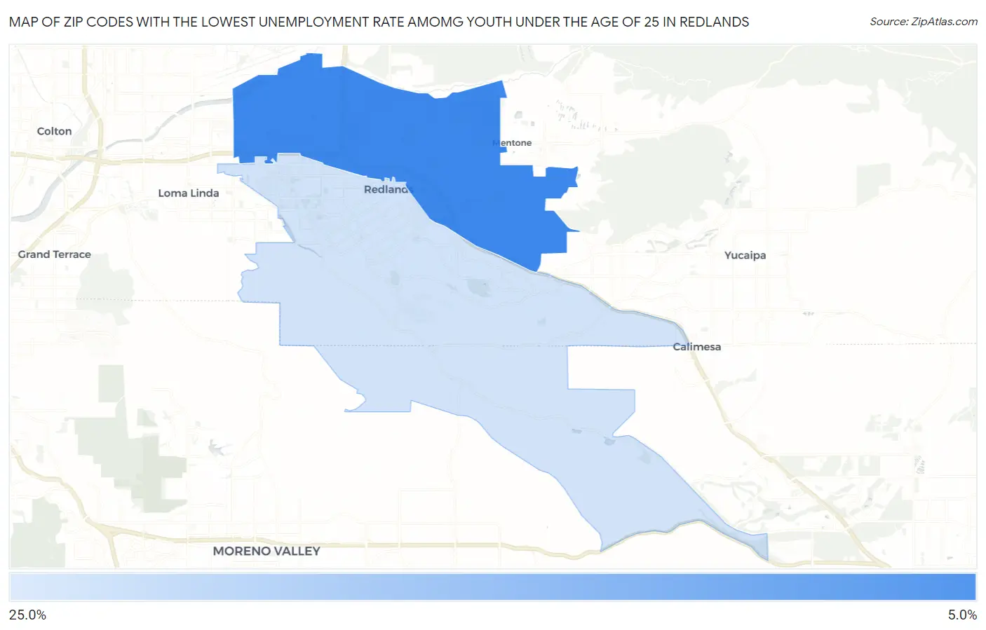 Zip Codes with the Lowest Unemployment Rate Amomg Youth Under the Age of 25 in Redlands Map