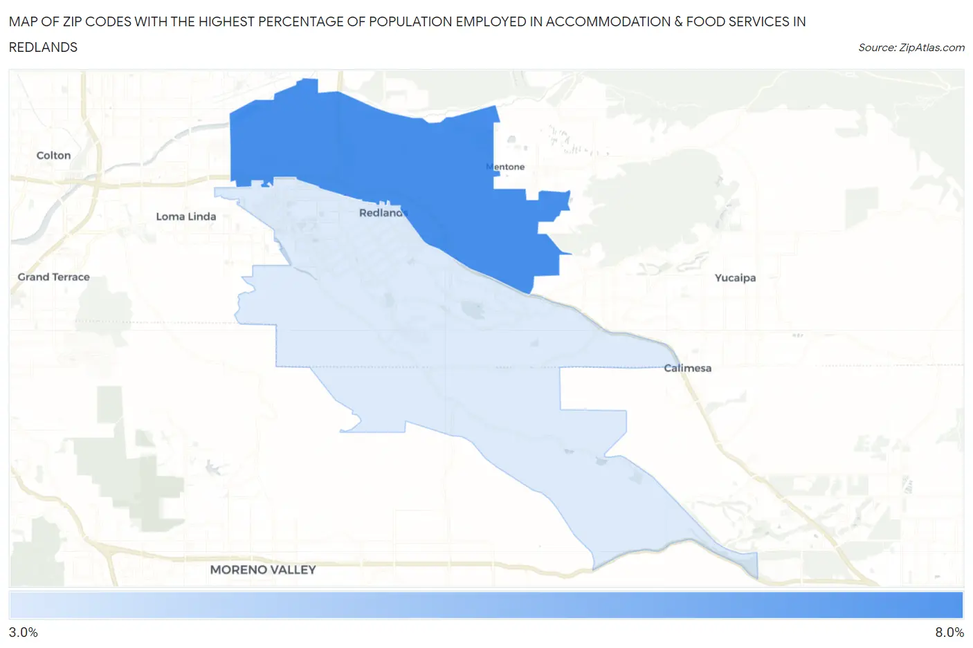 Zip Codes with the Highest Percentage of Population Employed in Accommodation & Food Services in Redlands Map