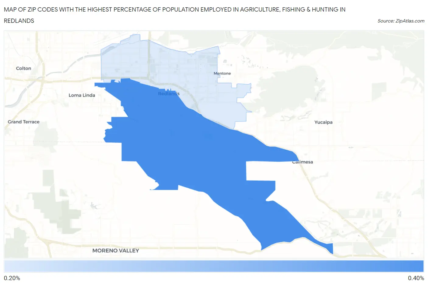 Zip Codes with the Highest Percentage of Population Employed in Agriculture, Fishing & Hunting in Redlands Map