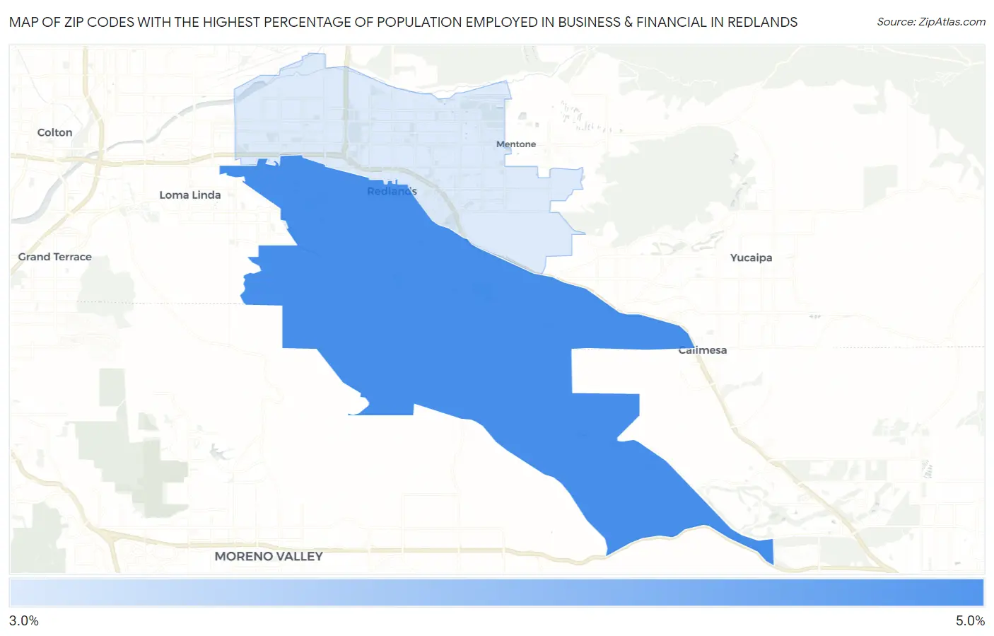 Zip Codes with the Highest Percentage of Population Employed in Business & Financial in Redlands Map