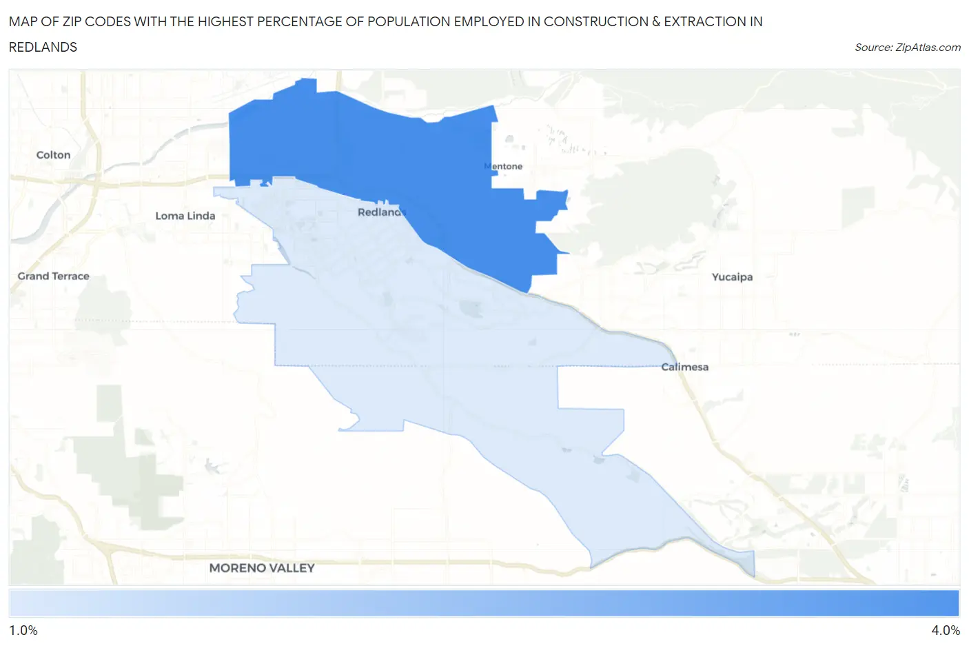 Zip Codes with the Highest Percentage of Population Employed in Construction & Extraction in Redlands Map