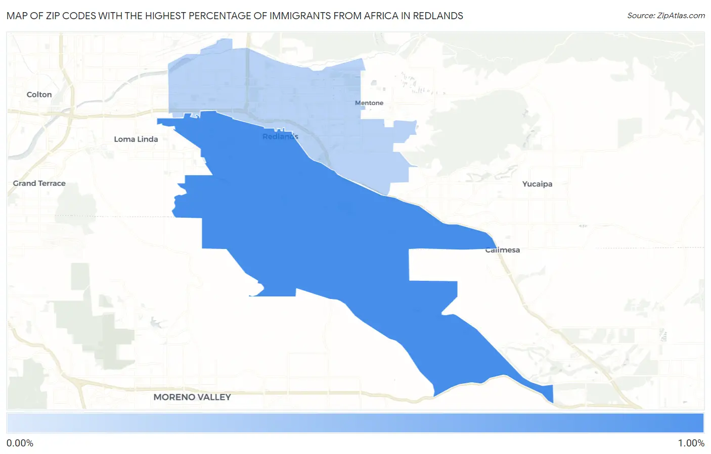 Zip Codes with the Highest Percentage of Immigrants from Africa in Redlands Map