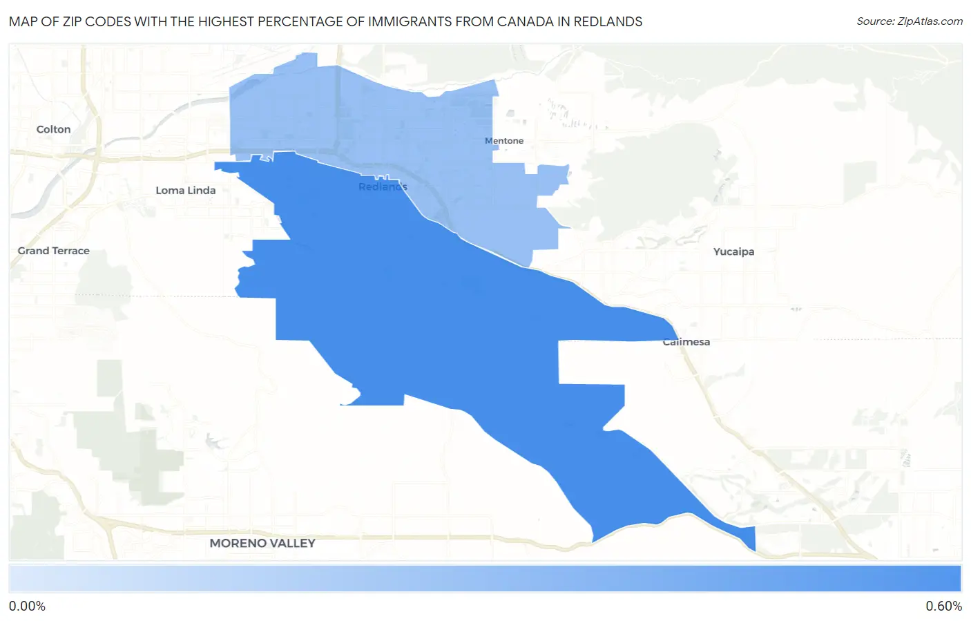 Zip Codes with the Highest Percentage of Immigrants from Canada in Redlands Map