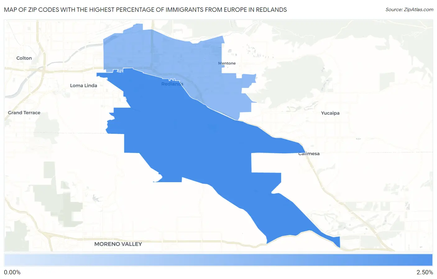 Zip Codes with the Highest Percentage of Immigrants from Europe in Redlands Map