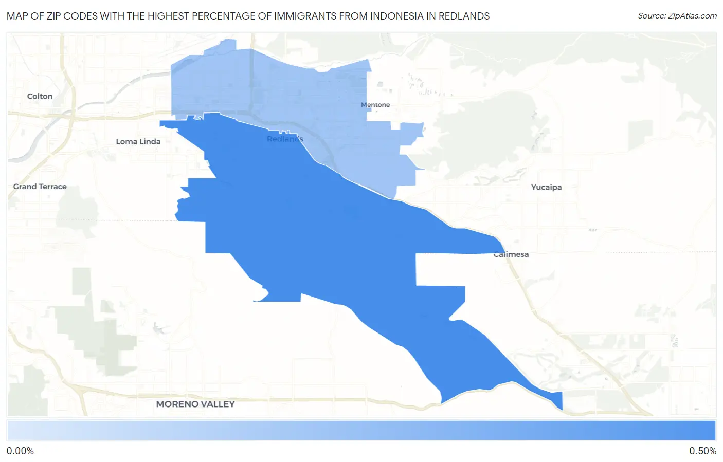 Zip Codes with the Highest Percentage of Immigrants from Indonesia in Redlands Map