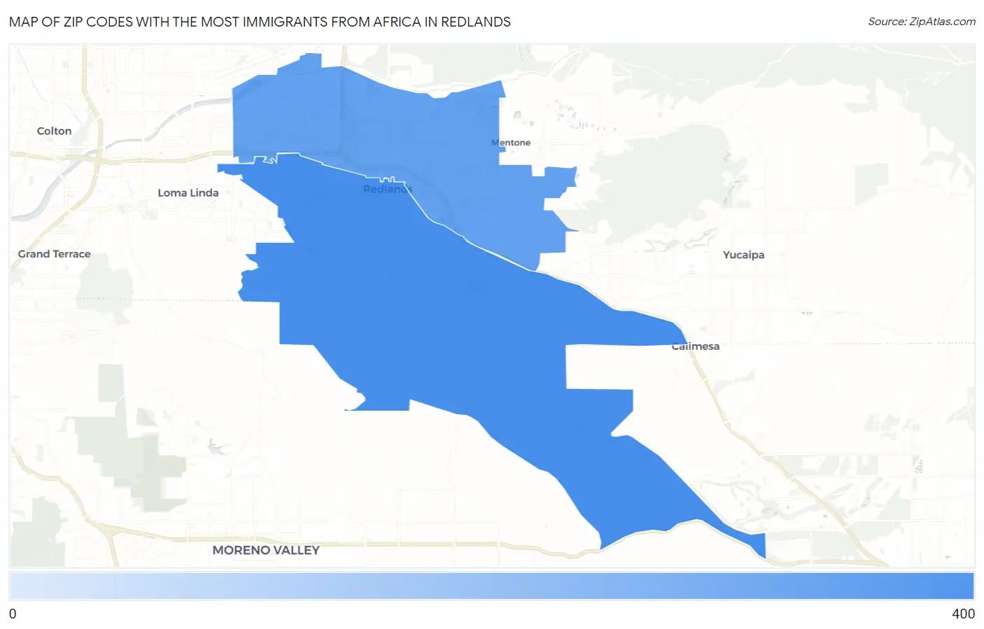 Zip Codes with the Most Immigrants from Africa in Redlands Map