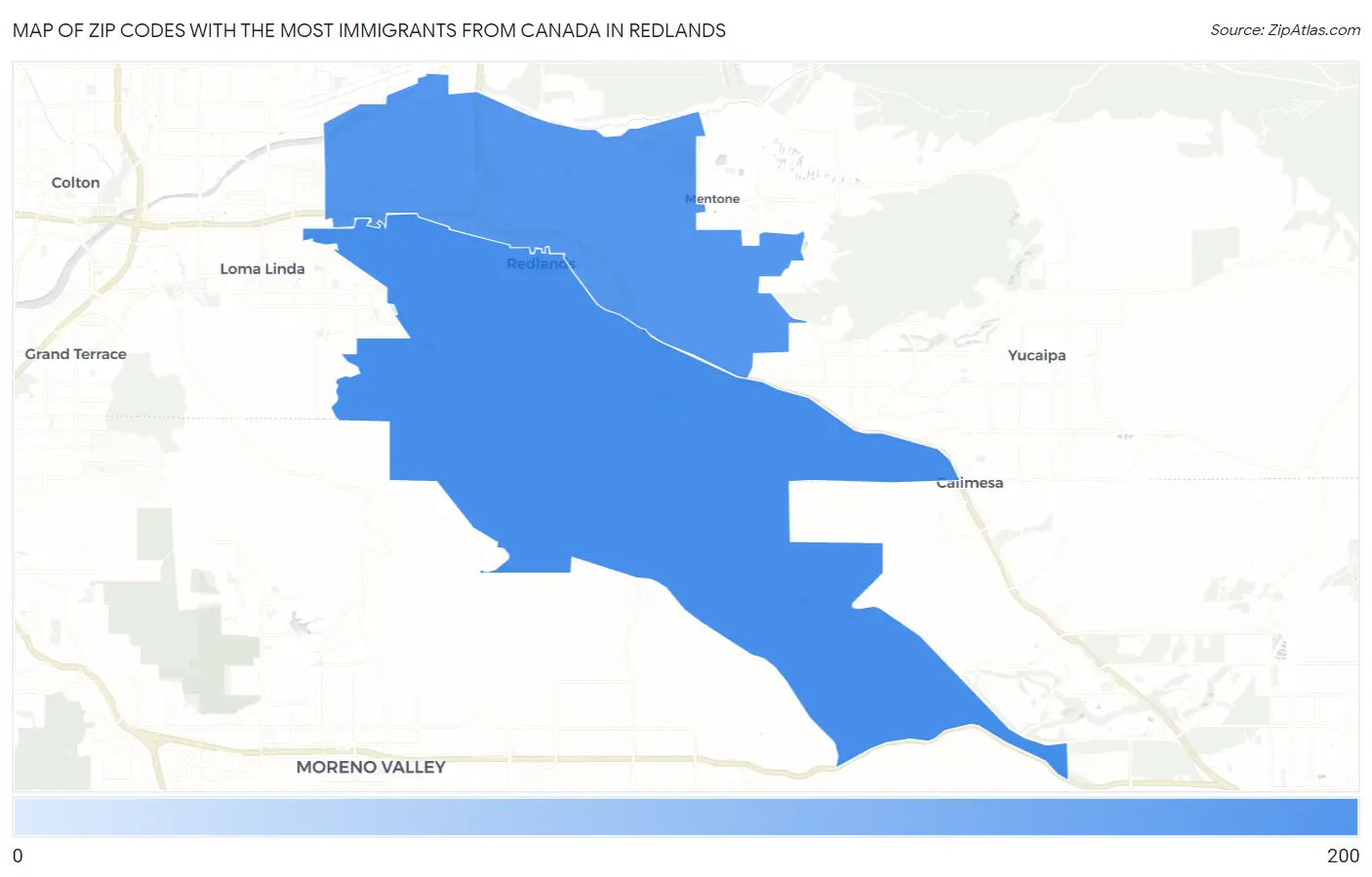 Zip Codes with the Most Immigrants from Canada in Redlands Map