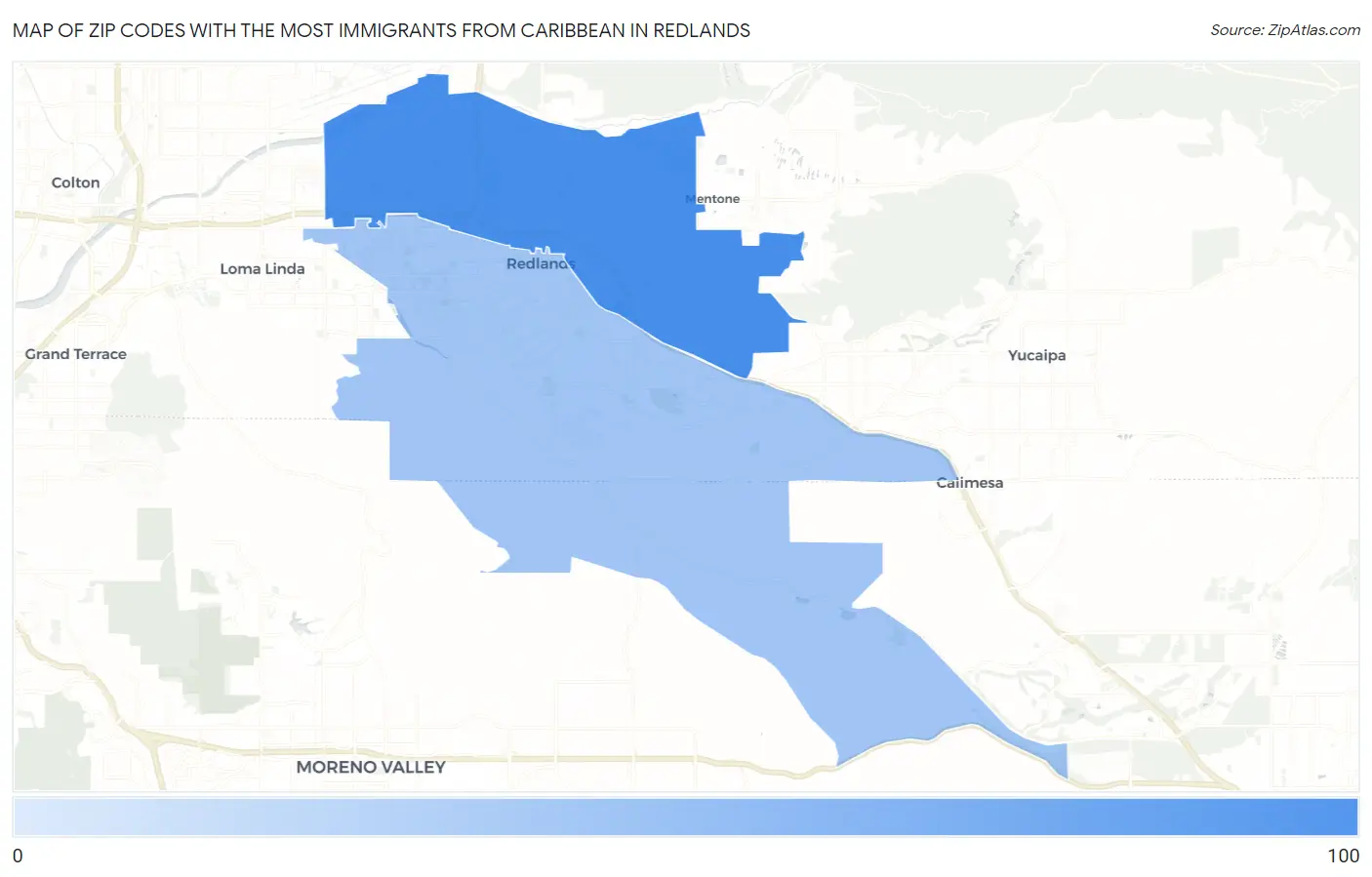 Zip Codes with the Most Immigrants from Caribbean in Redlands Map