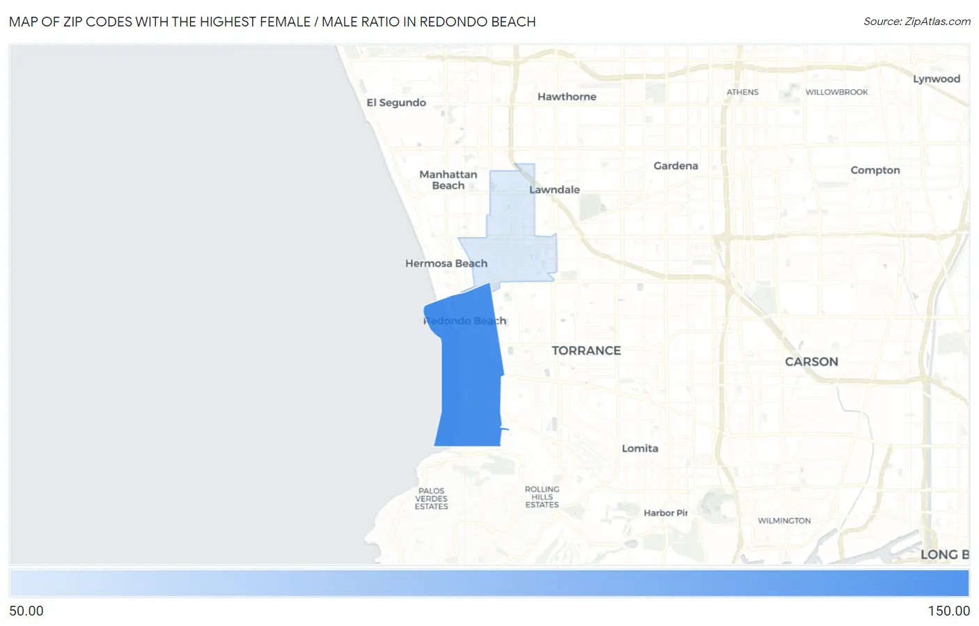 Zip Codes with the Highest Female / Male Ratio in Redondo Beach Map