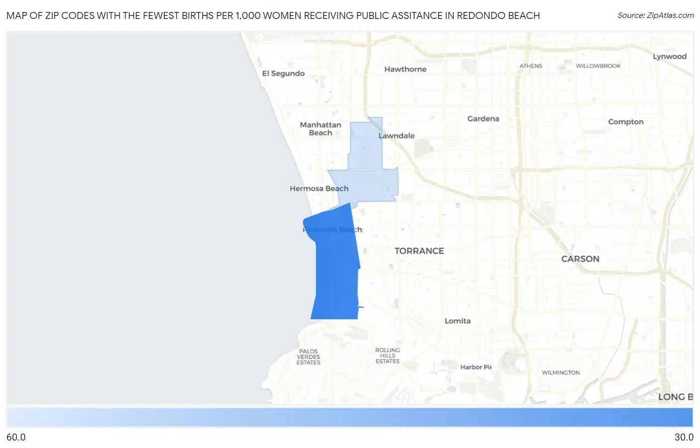 Zip Codes with the Fewest Births per 1,000 Women Receiving Public Assitance in Redondo Beach Map