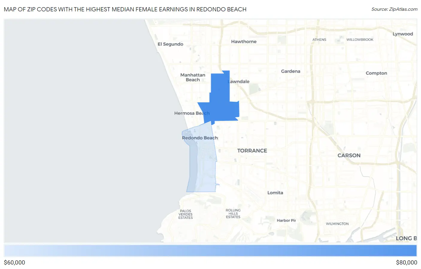 Zip Codes with the Highest Median Female Earnings in Redondo Beach Map